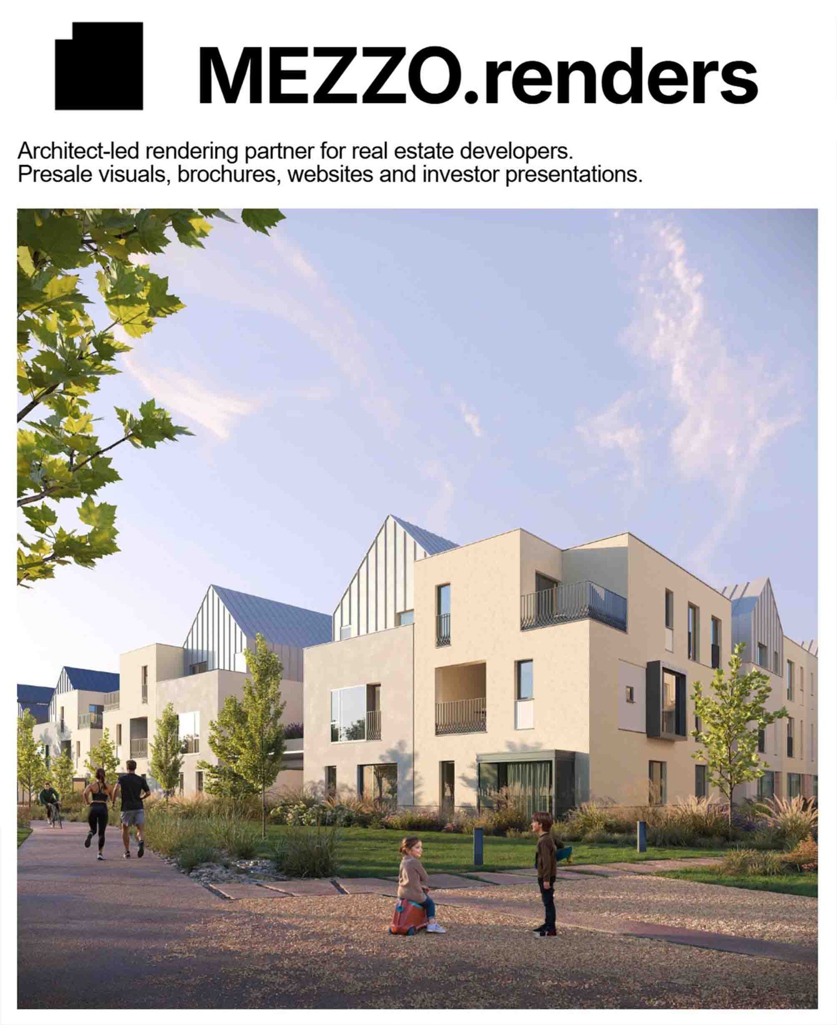 Residential neighborhood visualization with people and landscape